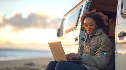 Candid Shot Black Woman Working Remotely On A Beach Digital Nomad