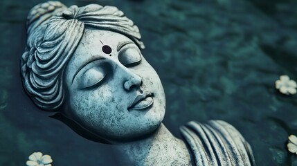 Close-up of a serene stone Buddha head submerged in water, with soft focus on the water and background.