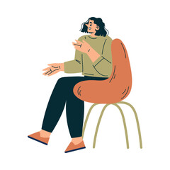Woman Character in Cafe Sitting on Chair and Talking Vector Illustration