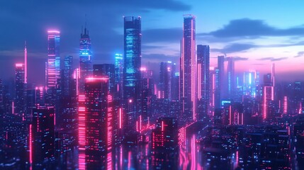 Obraz premium Neon Cityscape at Dusk: A Futuristic Metropolis