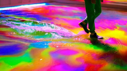 A person walks through colorful liquid reflections in an interactive art installation in an urban space