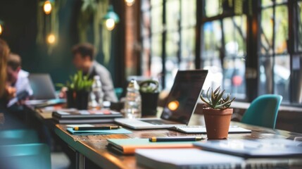 A Wooden Desk with a Laptop, Notebooks, and a Potted Plant