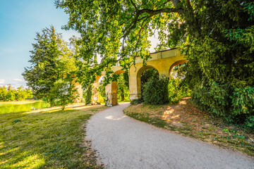 Lednice Chateau with beautiful gardens and parks. Lednice Valtice Landscape, South Moravian region. UNESCO World Heritage Site.
