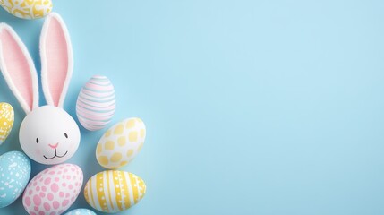 Easter party concept. Top view photo of easter bunny ears white pink blue and yellow eggs on isolated pastel blue background with copyspace in the middle