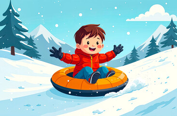 Happy Boy sliding down the Mountain slope on Snow Tubing. Child Smiling on Snow Tube. Active Winter Holiday, Happy Childhood Concept