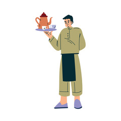 Man Waiter at Cafe Standing in Apron with Tea on Tray Vector Illustration