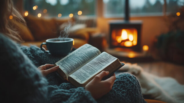 A peaceful scene of a person reading the Bible in a cozy, well-lit room, surrounded by notes and a cup of tea, symbolizing the importance of daily devotion.