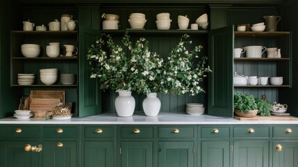 The warm kitchen features green cabinets and brass hardware, highlighted by a neatly arranged open cabinet displaying white ceramic vases and lush eucalyptus branches