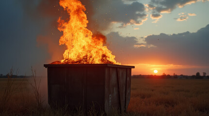 Raging Dumpster Fire in Open Field at Sunset - Symbolic Flames and Rural Destruction with American Flag Sticker