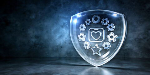 A transparent shield stands in front of a dark, atmospheric background, illuminated with soft light.Symbols including hearts, stars and gears appear on its surface,suggesting themes of protection. AI 