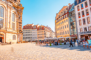 Frauenkirche in Dresden, Martin Luther Statue square, Saxony, Germany.