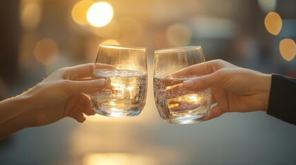 Hands clinking water glasses at office party, health concept with soft light background