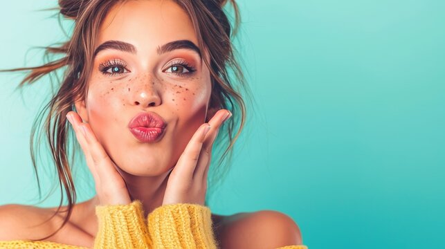 Close up of pretty beautiful brunette young caucasian woman blowing air kiss, mwah, kissing gesture, pucker lips and looking strait to camera, standing over green color studio background. Copy space