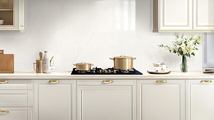 This inviting kitchen showcases light beige cabinets and white marble tiles, complete with a gas stove, decorative pots, and a lovely flower vase on the countertop