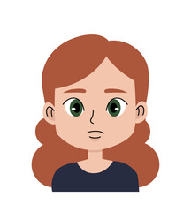 Girls face with emotion. Cute teen thinking. User avatar for social networks and messengers. Pensive teenager with brown hair. Flat vector illustration