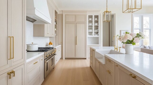 This inviting kitchen showcases light beige cabinets and white marble tiles, complete with a gas stove, decorative pots, and a lovely flower vase on the countertop