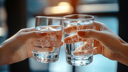 Hands clinking water glasses at office party, health concept with soft light background