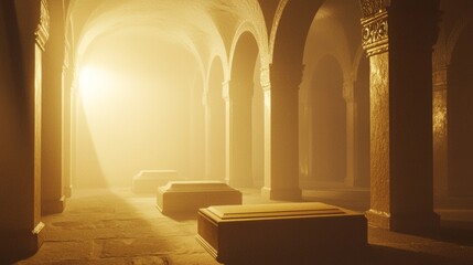 Eerie Beauty of a Gothic Crypt: 3D Render Illustration of Dark, Intricate Sarcophagi and Stonework