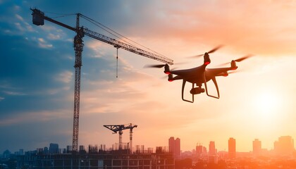 City skyline under construction with drones and robotic machinery, symbolizing the future of urban development through smart technology and AI