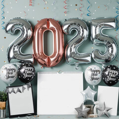 a gold baloons with a gold star that says happy new year 2025