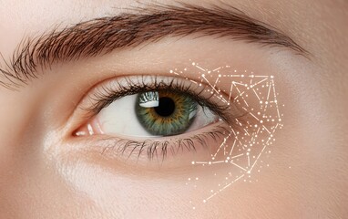 Obraz premium Close-up of a human eye scanning data streams, reflecting concerns about surveillance and identity in facial recognition