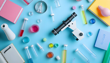 Microscopes, books, and colorful test tubes arranged on a blue background, showcasing the beauty of chemistry  