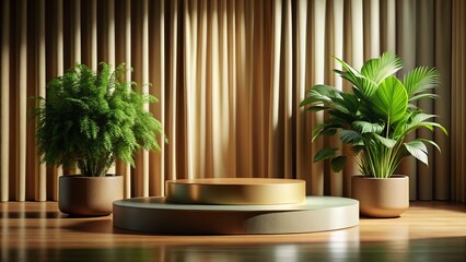 Fototapeta premium Tilt-Shift Mock Up Podium for Product Presentation with Curtain and Plant - Ideal for Marketing Display