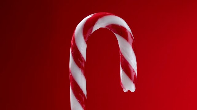 Vibrant red background candy cane with dripping white glaze