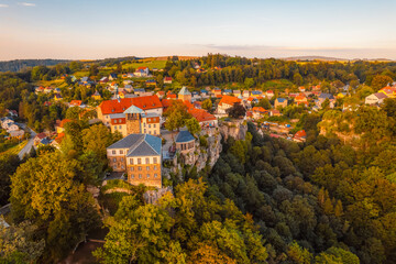 Village Hohnstein with Hohnstein castle and medieval half-timbered houses. Medieval building in Saxon Switzerland