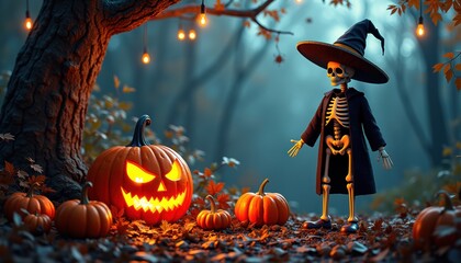 Halloween greeting with pumpkin lantern, scary cobweb on wall. October card for spooky party, dark house in background art.