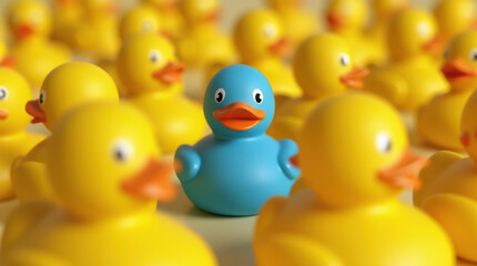 Unique Blue Rubber Duck Standing Out in a Sea of Yellow Ducks - Symbolizing Individuality, Leadership, and Diversity