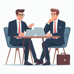 Obraz premium Partners meeting for business discussion with documents and laptop on desk. Couple at round table, speaking, discussing work, partnership. Flat vector illustration isolated on white background 