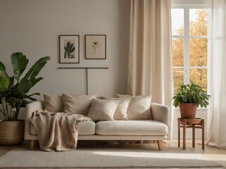 Fototapeta premium Warm sunlight brightens a minimalist living room with neutral tones.**