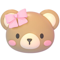 Cute 3d  teddy bear with pink bow kawaii illustration