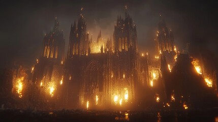 Fototapeta premium Enchanting Gothic Castle Towers Illuminated by Torchlight 3D Render at Night, Ultra-Detailed Fantasy Architecture Illustration