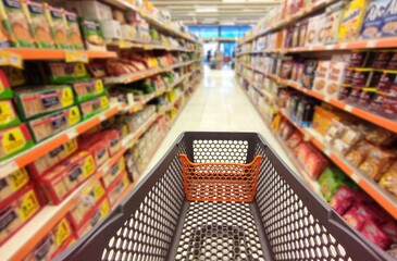 Photo of an empty shopping in an aisle at a supermarket. Conceptual image.