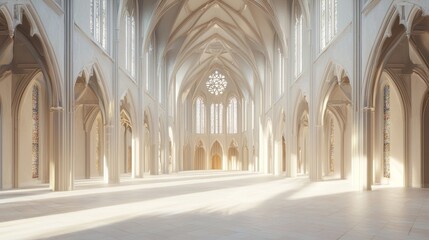 Fototapeta premium Majestic Gothic Cathedral Interior: 3D Render Illustration Highlighting Vastness and Light-Shadow Interplay