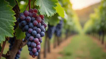 Obraz premium Fresh Purple Grapes on Vibrant Green Background and Wine Grapes in Vineyard for Healthy Living and Agricultural Concepts