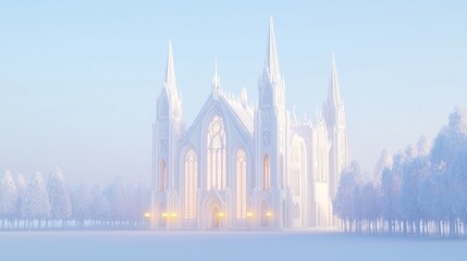 Obraz premium Tranquil Winter Scene of Gothic Architecture Church Illuminated by Soft Glowing Lights - Ultra-Detailed 3D Render Illustration