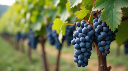 Fresh Purple Grapes on Vibrant Green Background and Wine Grapes in Vineyard for Healthy Living and Agricultural Concepts
