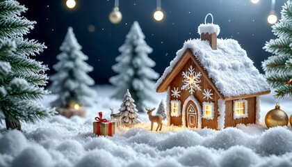 A Festive Winter Wonderland Display With a Snow-Covered Cottage and Holiday Decorations at Night