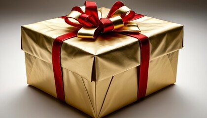 Fototapeta premium A Beautifully Wrapped Gold Gift Box With a Red Ribbon Displayed Elegantly for Special Occasions