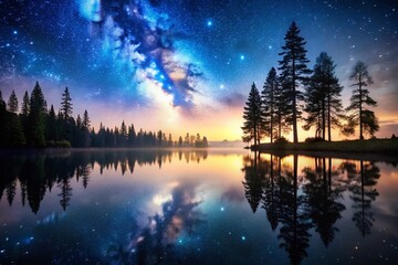 Tranquil Lakeside Night Scene with Reflective Water and Silhouetted Trees for Drone Photography