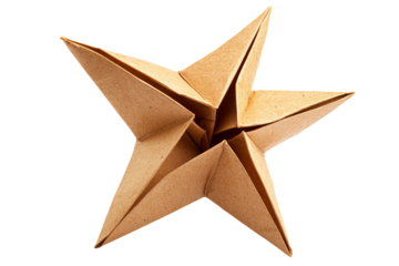 A beautifully crafted origami star made of brown paper, showcasing intricate folds and angles, isolated on a white background.
