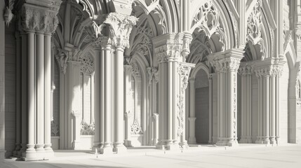 Gothic Cathedral in Black and White - Detailed 3D Render of Intricate Stonework and Textures