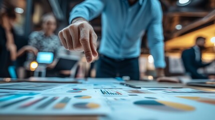 A focused businessman analyzing project charts during a team meeting in a modern office.