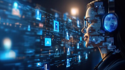 A futuristic visualization customer service evolution, blending AI avatars with real-time support analytics