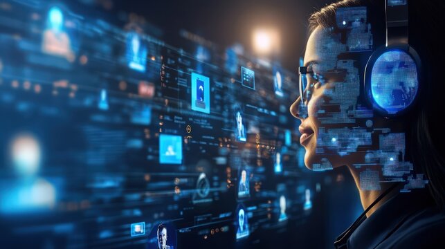 A futuristic visualization customer service evolution, blending AI avatars with real-time support analytics - Powered by Adobe