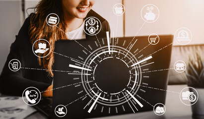 Online shopping and Internet Money Payment Transaction Technology. Modern graphic interface showing...