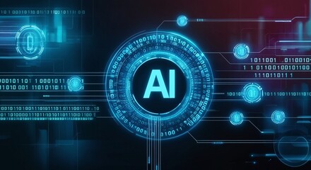 AI - The Future is Now: An abstract illustration of a futuristic digital interface dominated by the glowing letters "AI" in a circular hub.